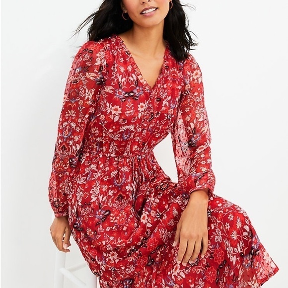 LOFT Red Floral Clip V-Neck Midi Dress - Picture 3 of 10